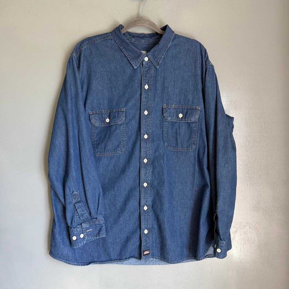 DICKIES Men's 3XL Dark Denim Long Sleeve Button Up Collared Shirt Workwear